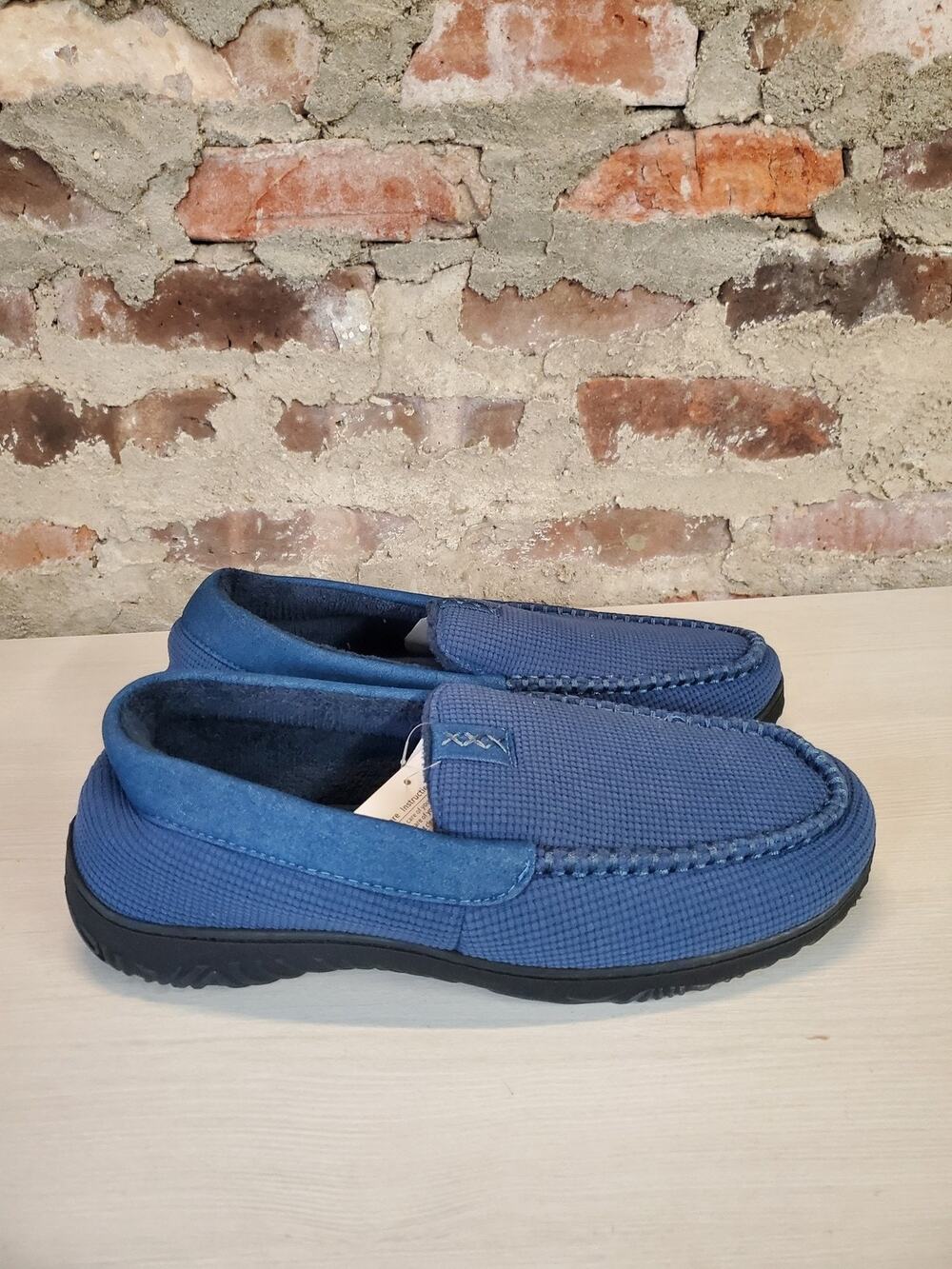 Mens Moccasin Slippers Size 13 Blue Waffle Knit Fleece Lined Slip On